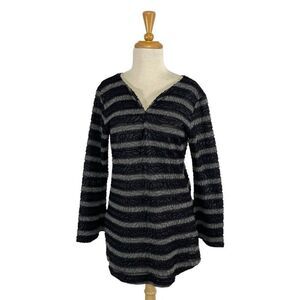 Andria Lieu M  Black Gray Striped Top Blouse Floral Art To Wear Sheer Career